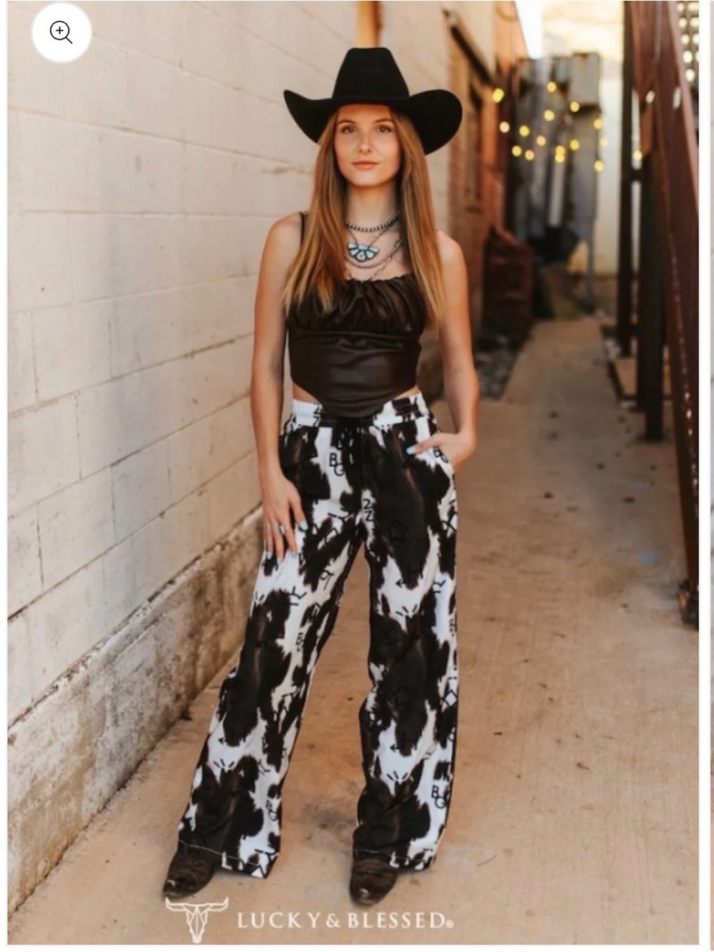 Lucky & Blessed Black and White Wide-Leg Cow Pattern Pants